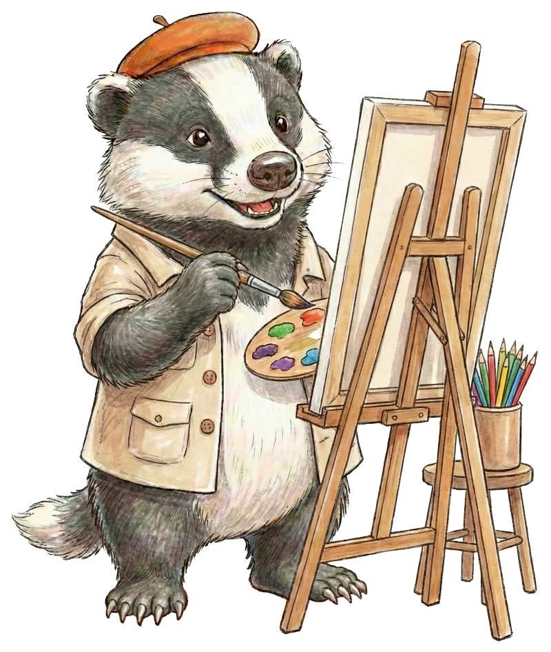 Chunky Badger character at an easel drawing a woodland scene